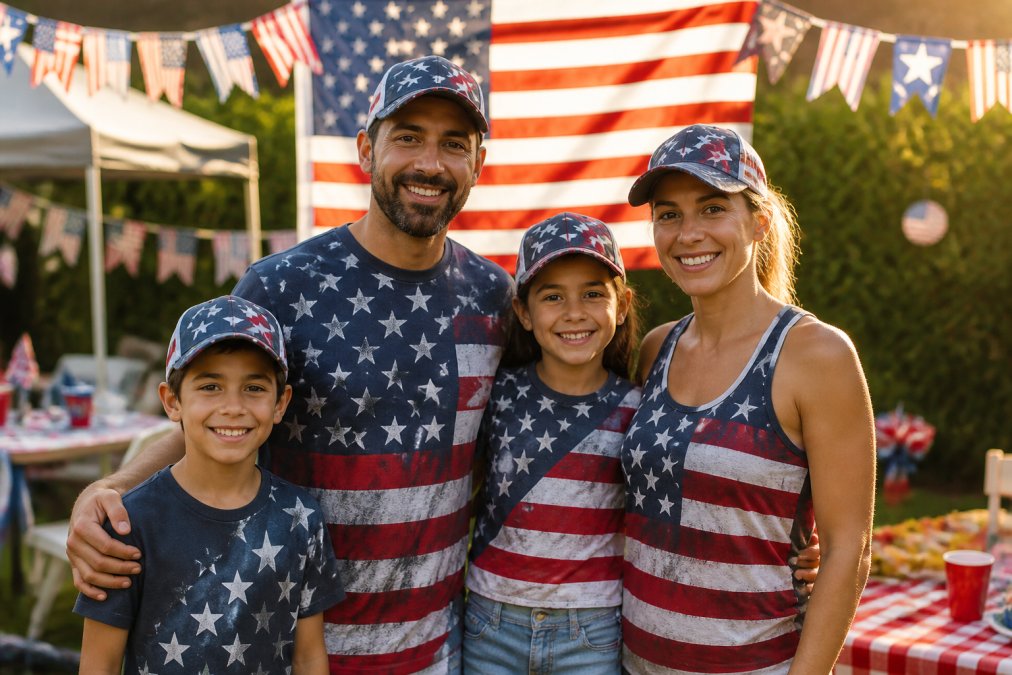 A diverse family wearing coordinated custom patriotic t-shirts, tank tops, and baseball caps at an outdoor Independence Day celebration, with an American flag and bunting visible in the background, golden afternoon sunlight illuminating the scene