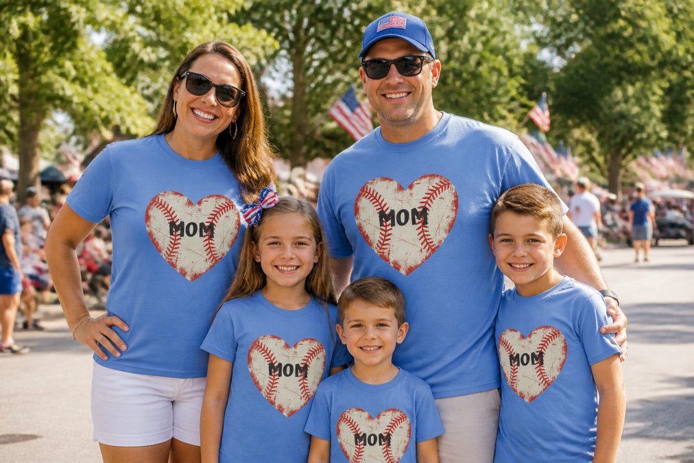 A family of five wearing coordinated custom patriotic sports-themed t-shirts at an outdoor Fourth of July celebration, with vibrant screen-printed designs visible on their chests, natural afternoon sunlight illuminating the patriotic colors and graphics