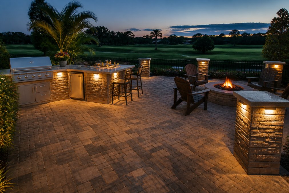 Diagram illustrating the layout of an outdoor kitchen and fire pit in a custom paver patio design.