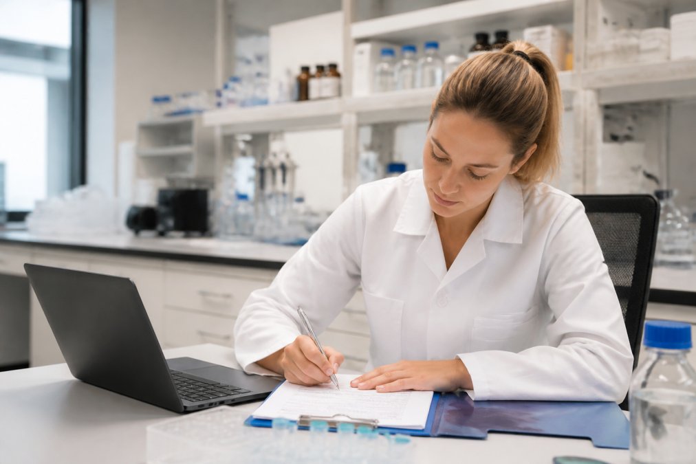 Researcher working at computer filling out online peptide synthesis request form, with laboratory workspace visible in background, modern office lighting