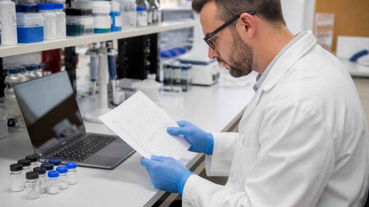 Researcher reviewing a peptide specification sheet before ordering custom peptide synthesis at a clean lab bench.