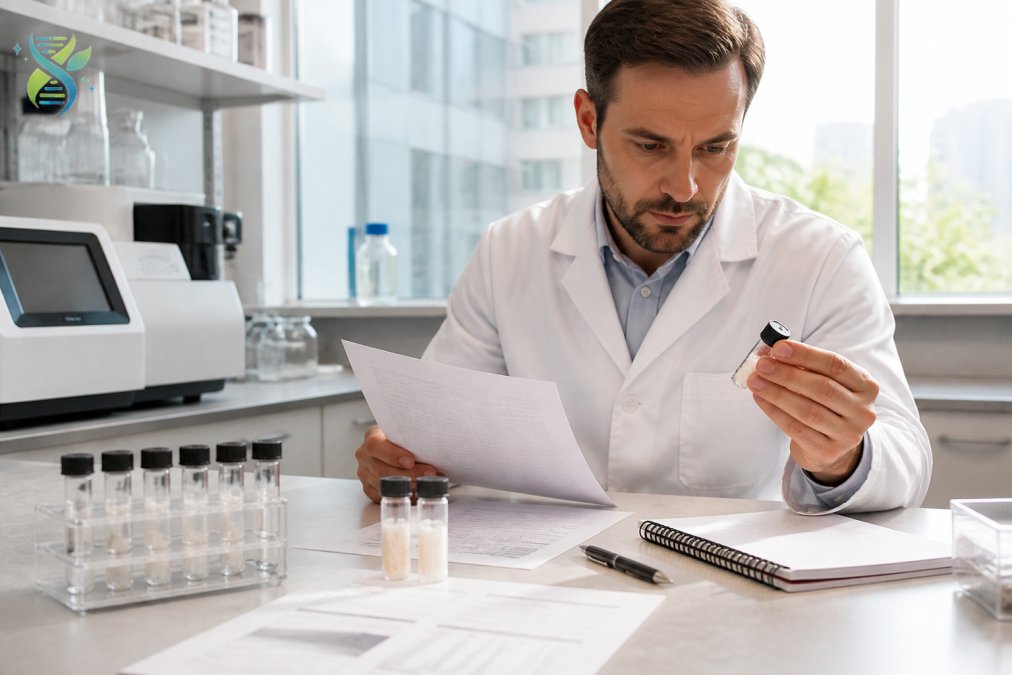 Professional researcher in modern peptide synthesis laboratory examining vials of synthesised peptides whilst reviewing analytical documentation at a workbench with natural lighting