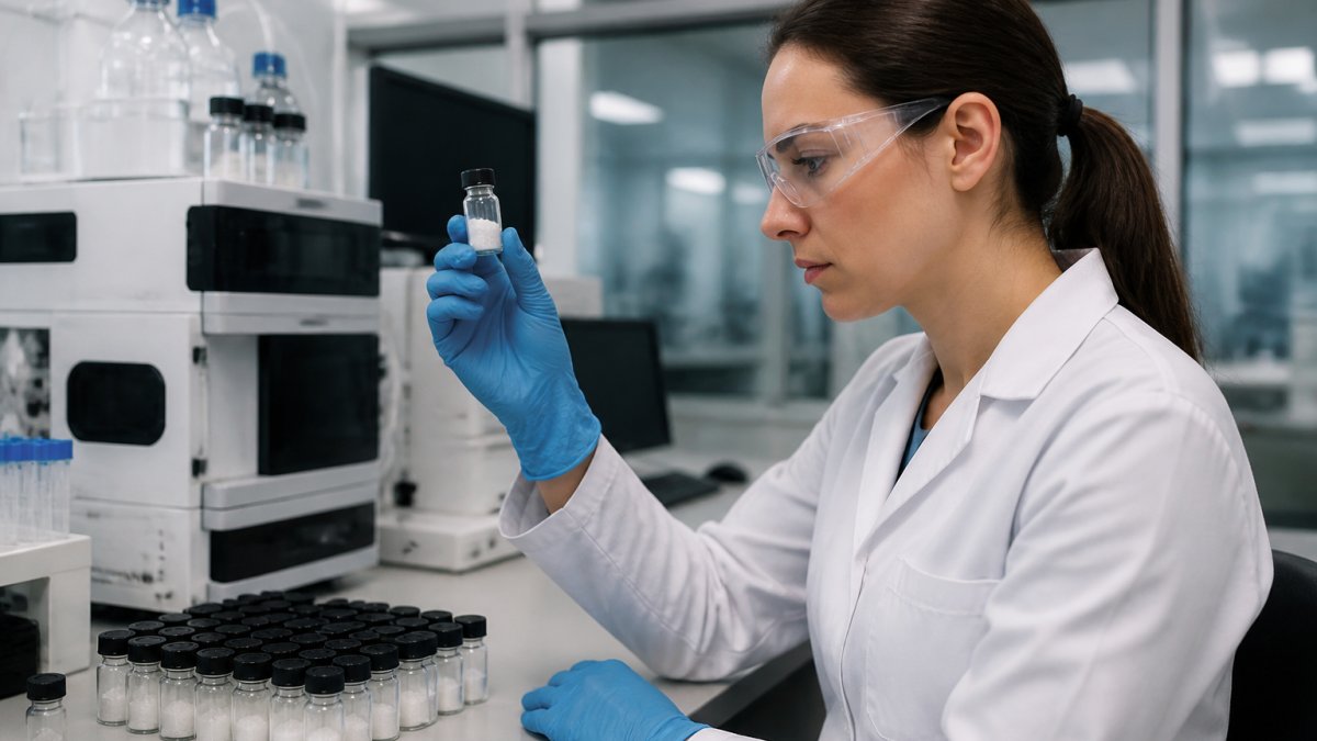 A laboratory researcher in a white coat examining a vial of lyophilized peptide powder next to a computer screen displaying analytical data in a clean, modern lab setting
