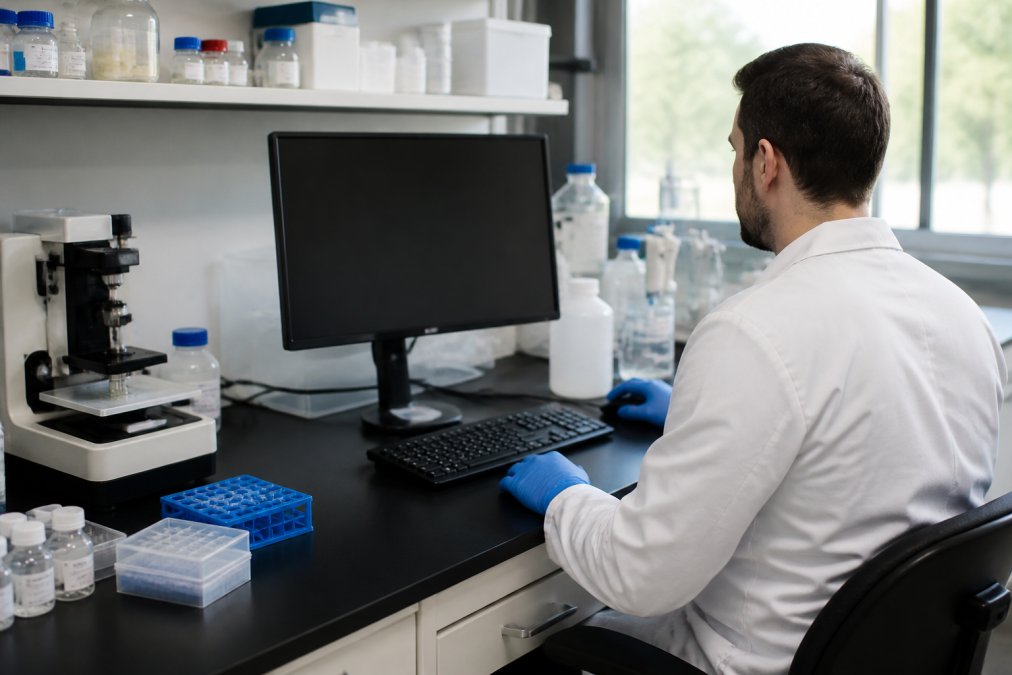 Researcher at computer workstation reviewing peptide product specifications and ordering information on screen in modern laboratory setting with natural lighting