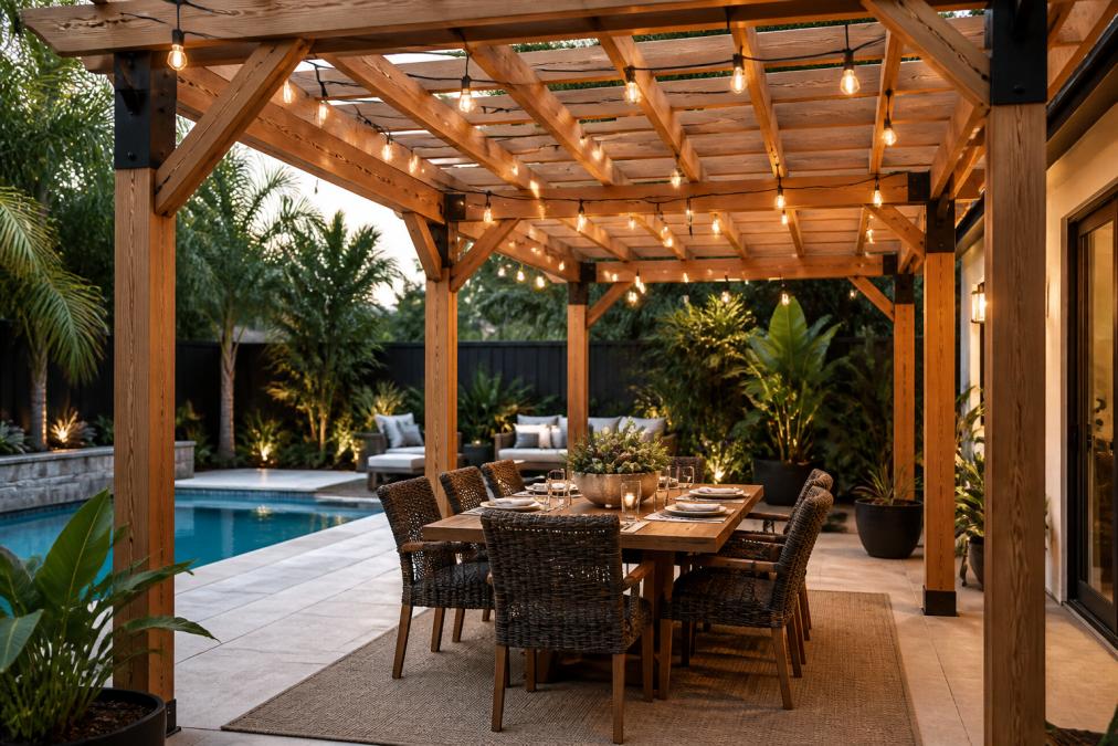 A stylish backyard with a custom-built cedar pergola providing shade over an outdoor dining set, with string lights and tropical plants in the background