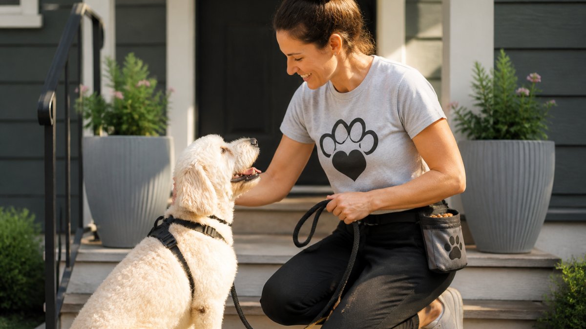 A professional pet sitter in a graphic pet-lover t-shirt kneeling on a front porch to greet a leashed dog, treat pouch at the hip, leash in hand, morning light