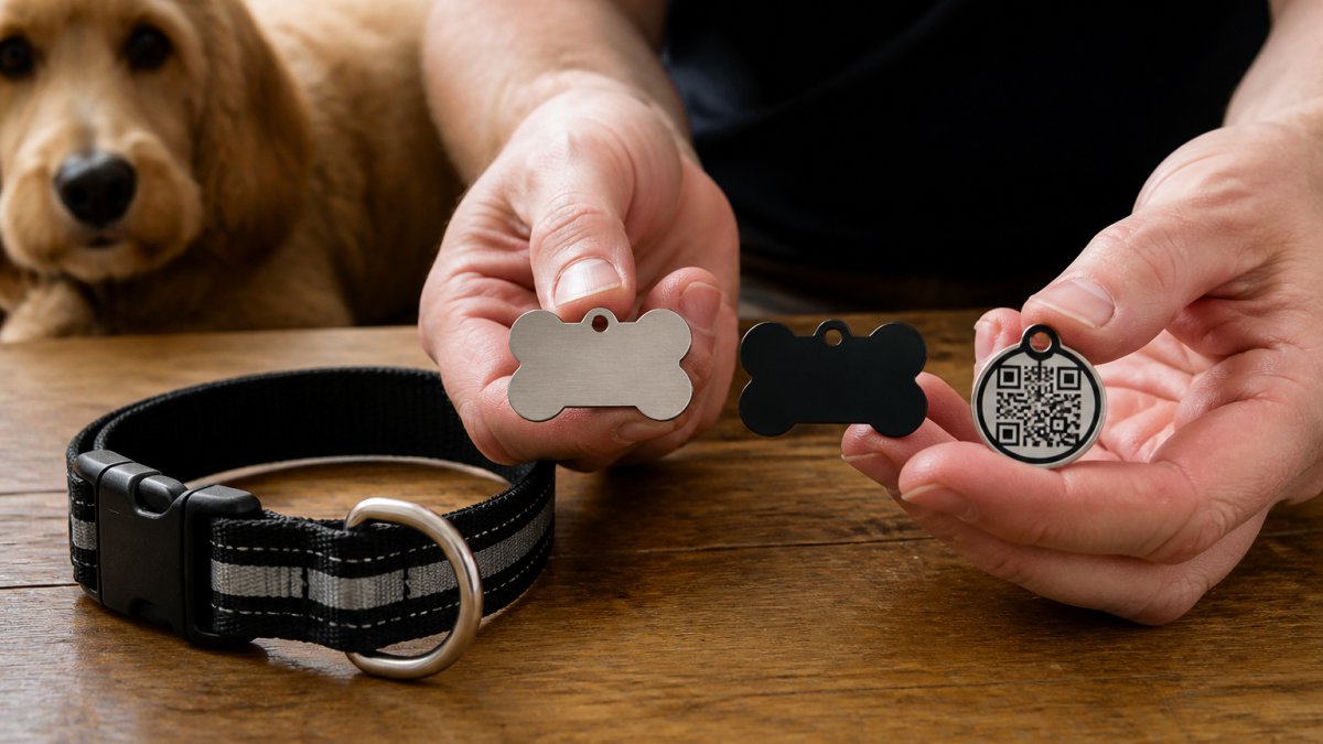 Close-up of a person's hands holding a stainless steel bone-shaped pet tag next to a black aluminium tag and a QR code tag, with a dog collar on a wooden table in soft daylight