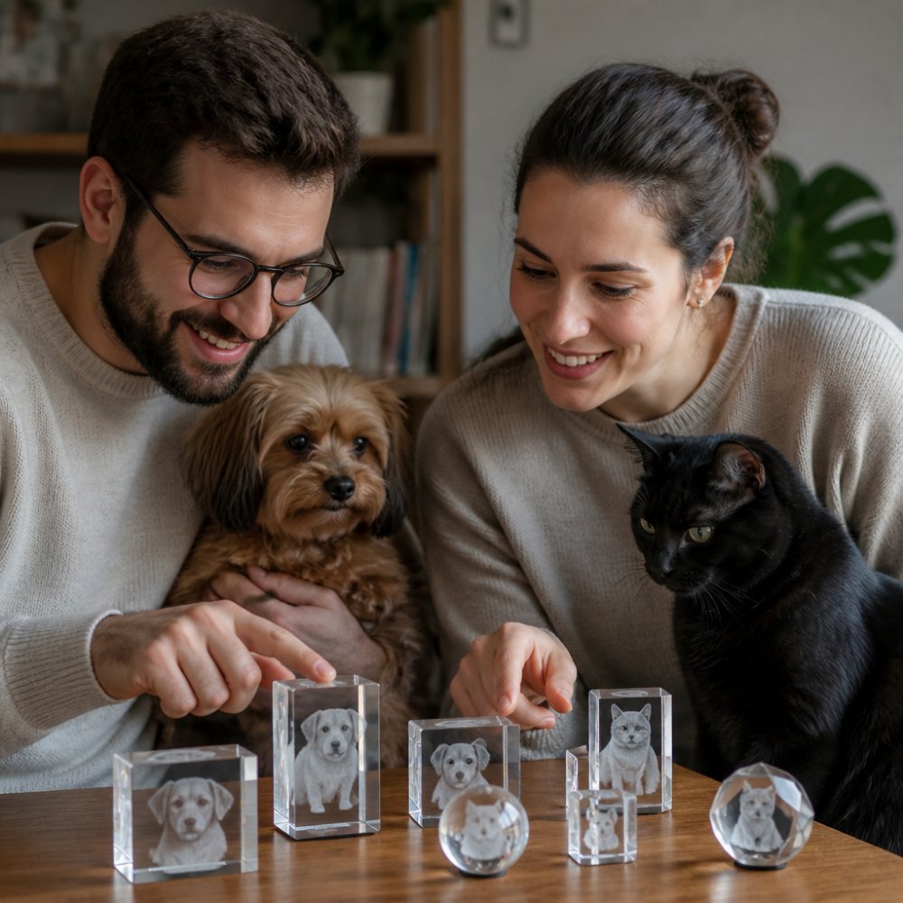 A close-up photograph of a small 3D crystal pet portrait on a wooden shelf beside a lit candle and a framed photo of a dog, soft natural window light, warm home interior