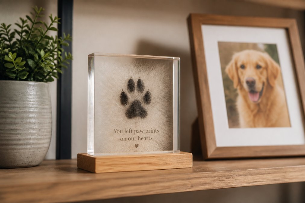 A cozy living room scene showing a clear acrylic photo block with a pet's paw print and a heartfelt message displayed on a wooden shelf next to a small plant and a framed photo of a dog