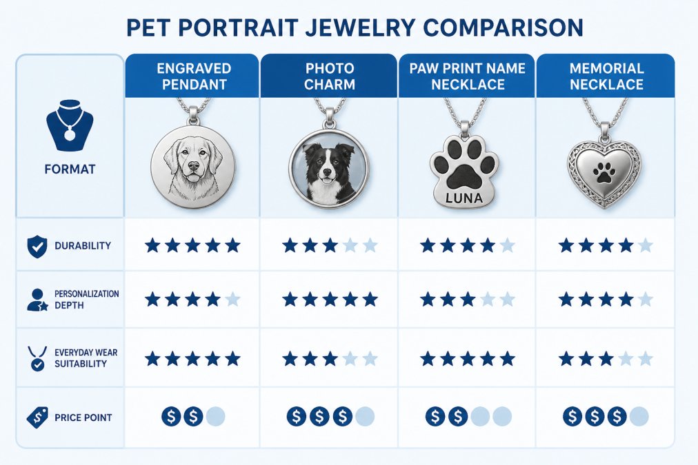 Comparison matrix of pet portrait jewelry formats: engraved pendant, photo charm, paw print name necklace, memorial necklace, scored across durability, personalization depth, everyday wear suitability, and price point