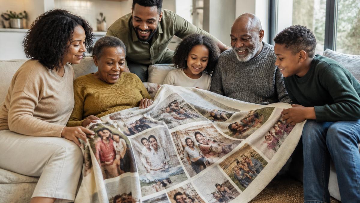 Extended family of three generations gathered on a couch wrapped in a custom woven photo blanket with family photos integrated into the fabric, smiling while examining the blanket together in warm natural lighting