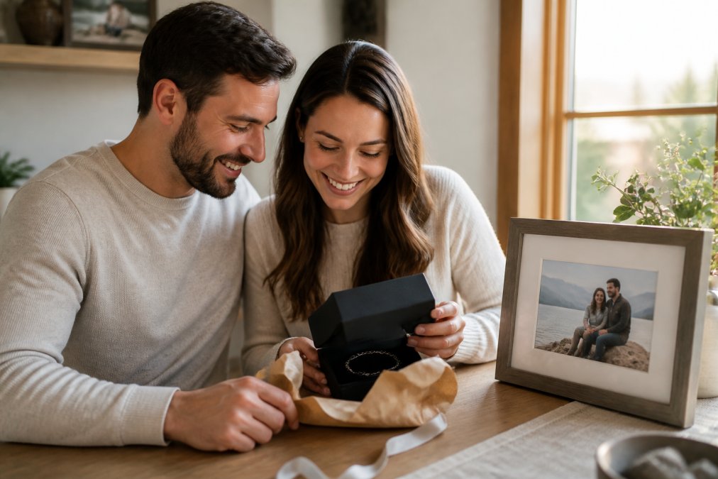A couple in their 30s sitting together at a wooden table, smiling while unwrapping a gift box containing a custom engraved bracelet, with a framed personalized photo print visible in the background, warm afternoon light coming through a nearby window