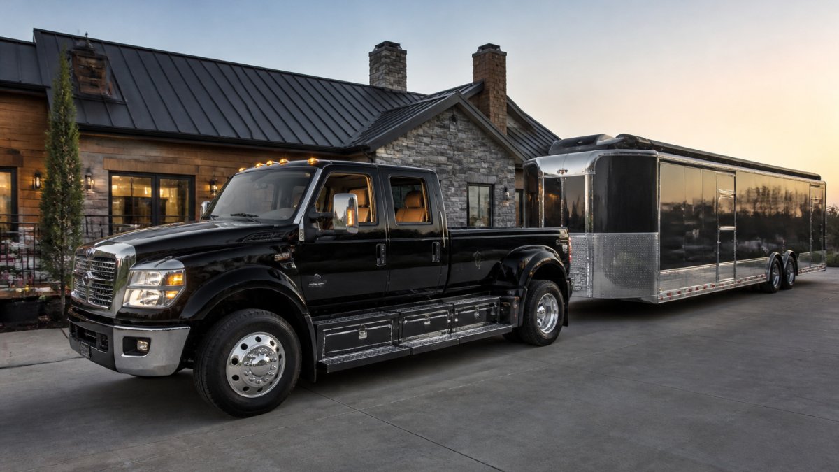 Custom luxury pickup truck with premium interior visible through windows, parked in front of modern residential setting, showing professional appearance and towing capacity