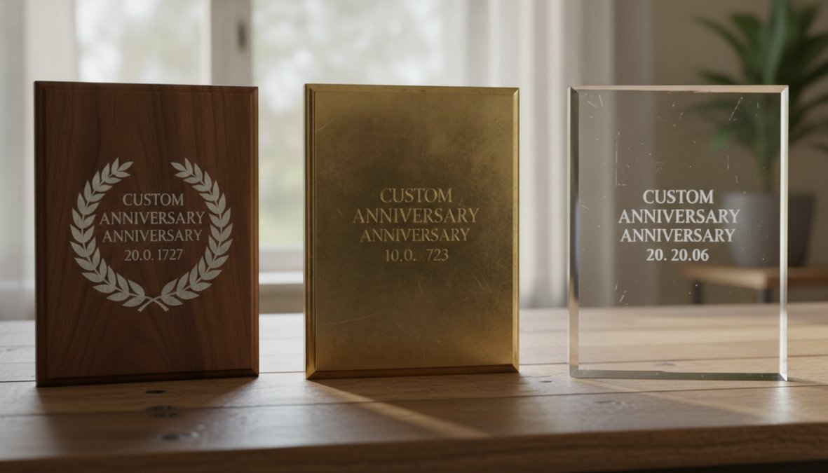 Close-up arrangement of anniversary plaque materials, crystal, polished wood, and engraved metal, displayed side by side on a neutral surface with soft natural lighting
