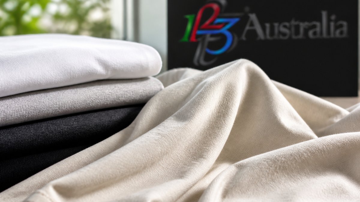 Close-up of premium ring-spun cotton fabric texture showing fine weave and softness, with natural light highlighting the garment's quality construction