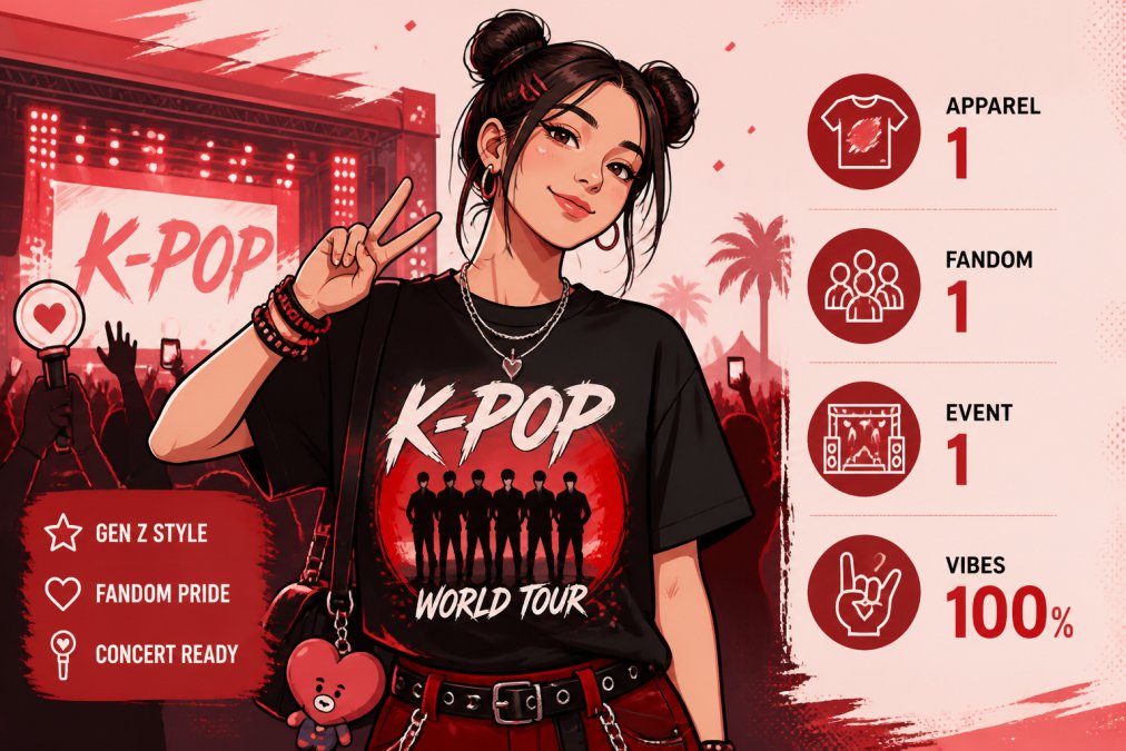 A Gen Z fan wearing a bold, custom-printed K-Pop concert tee with vibrant graphics at a music festival, showing confident style and fandom pride in the crowd