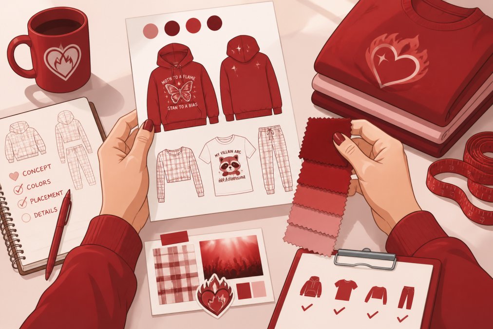 Close-up of hands reviewing custom apparel design mockups and color fabric swatches on a table with design notes, sketches, and color samples in natural light