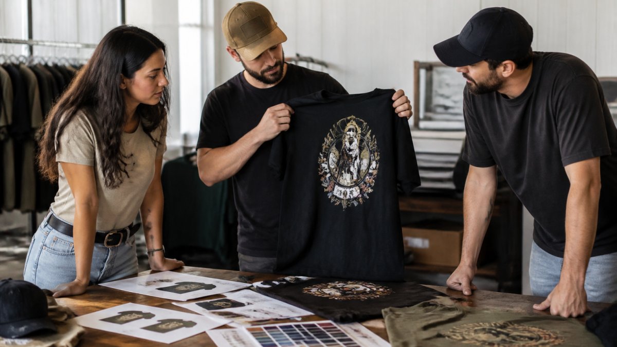 Step-by-step process flowchart for reviewing custom apparel samples and print quality during event planning