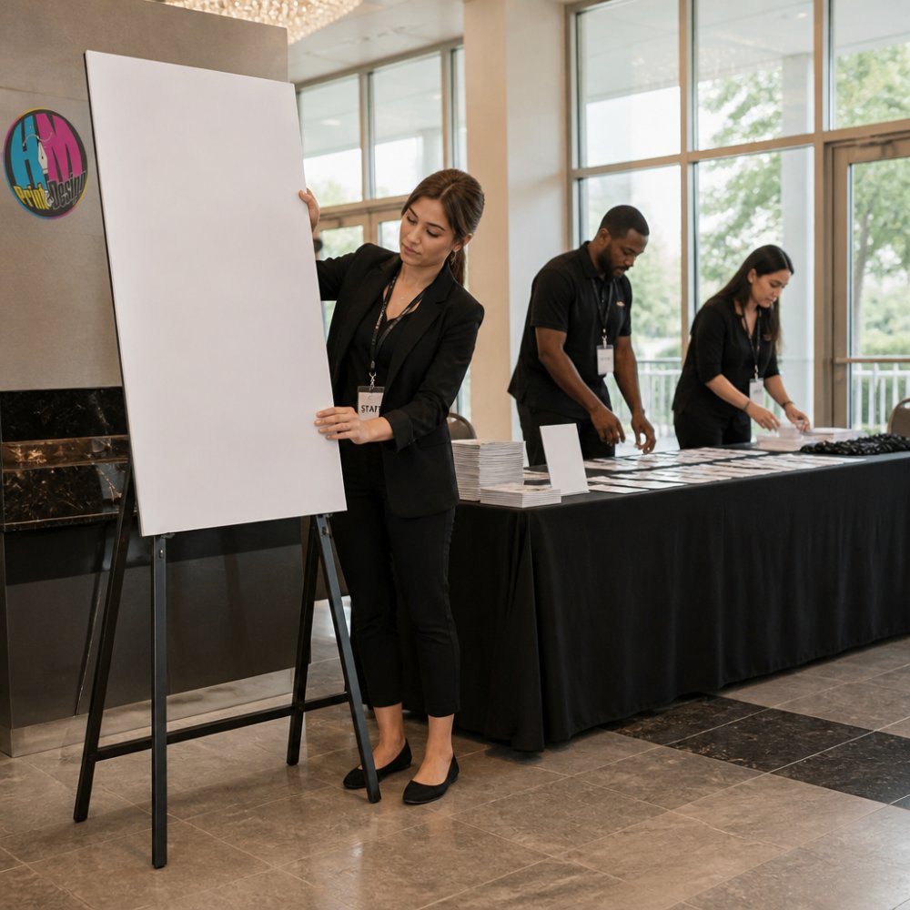 Infographic visualizing the process of setting up event signage, banners, and check-in stations for guests