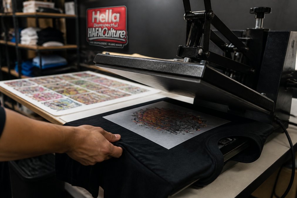 Close-up of a heat press applying a vibrant DTF transfer onto a black t-shirt in a small print shop, with colorful gang sheets visible on a table nearby