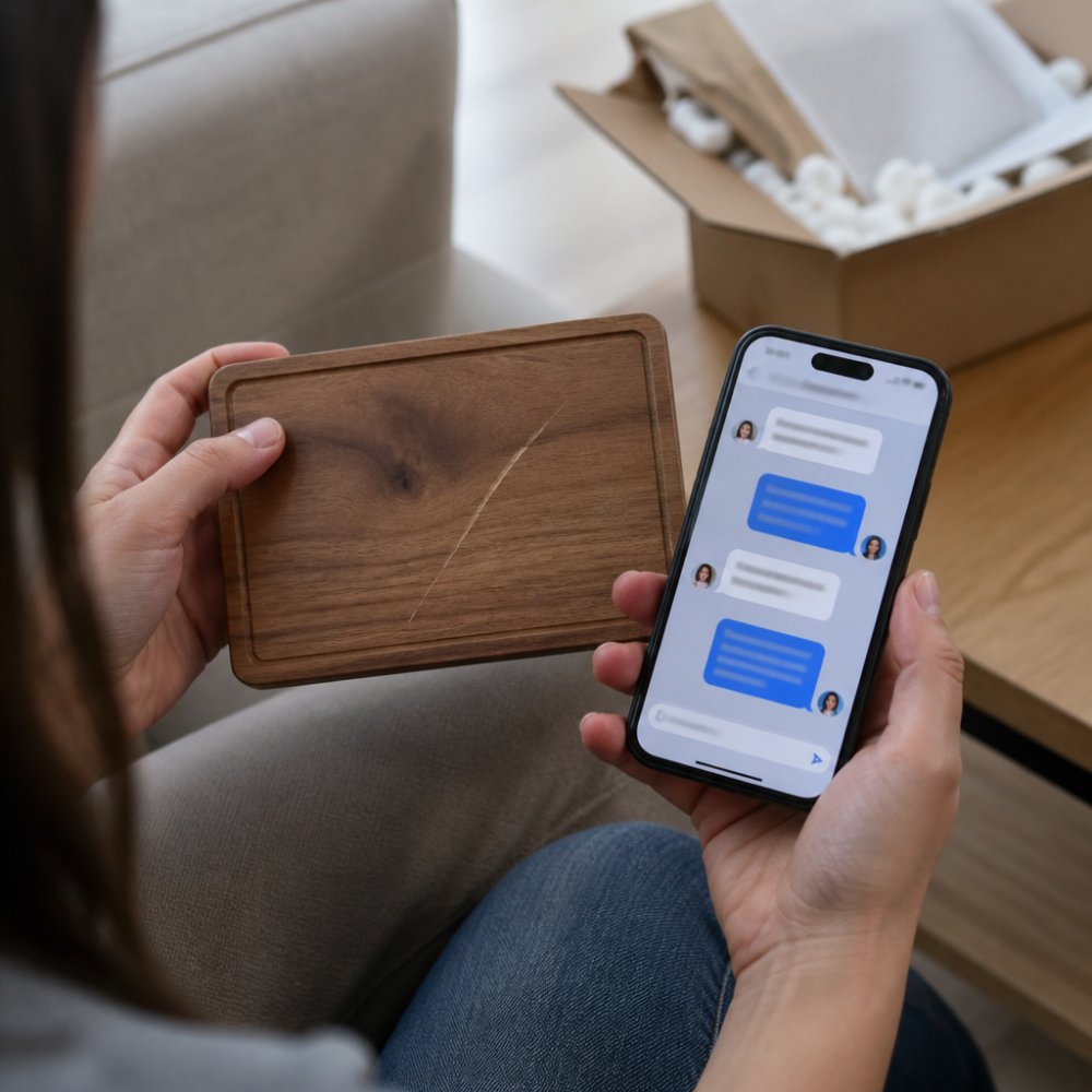 A close-up of hands holding a personalised wooden plaque with a visible scratch, next to a smartphone showing a customer service chat window