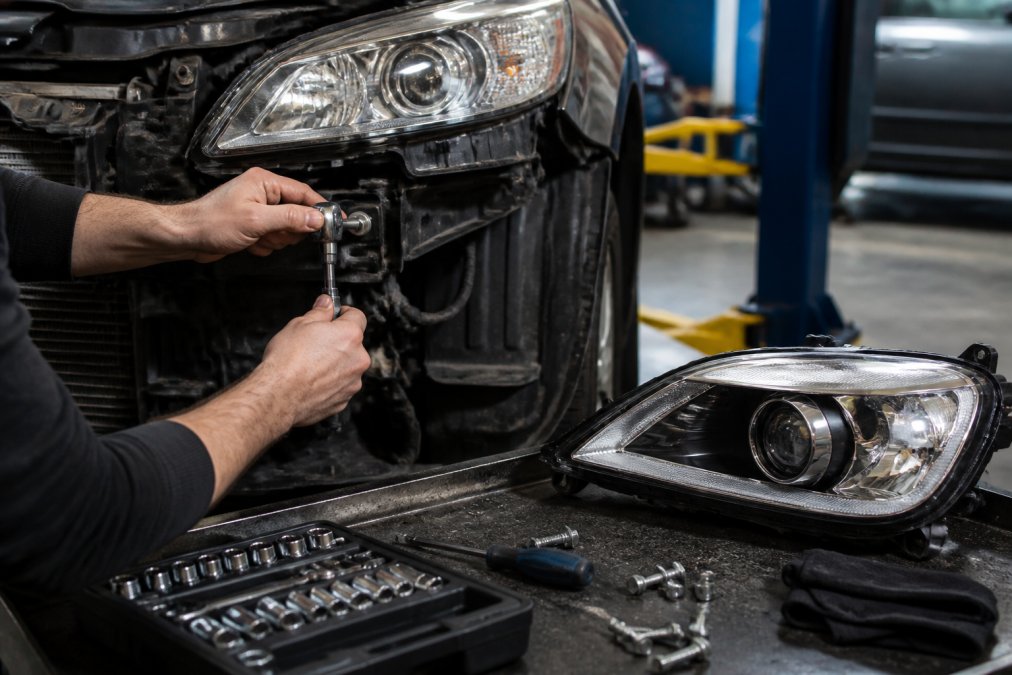 Mechanic using a socket wrench to perform a custom projector headlight assembly installation in a garage
