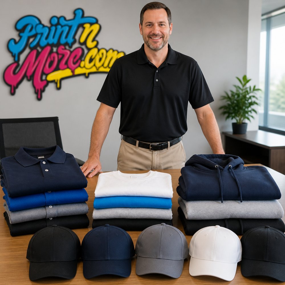 Professional displaying folded custom promotional apparel collection including embroidered polo shirts, screen-printed T-shirts, hoodies, and branded baseball caps arranged on a table to showcase product variety and quality
