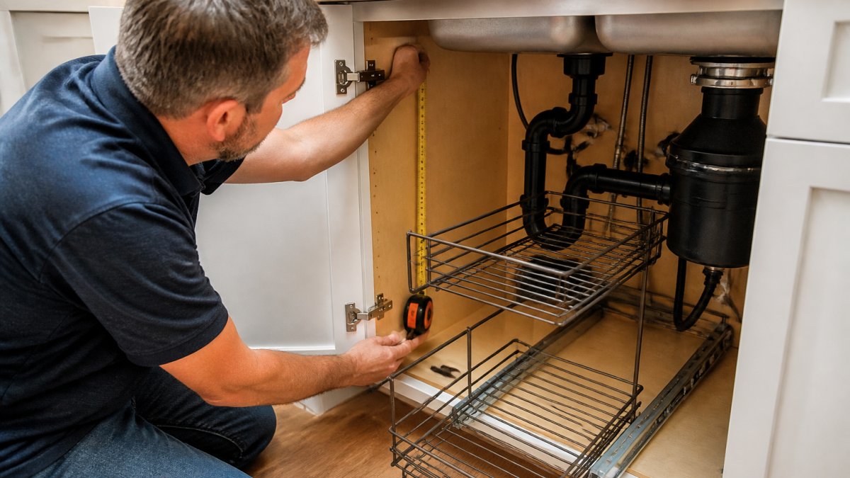 A homeowner crouching in front of an open kitchen sink cabinet, holding a tape measure against the cabinet wall, with a pull-out organizer tray partially extended beside visible sink pipes and a garbage disposal
