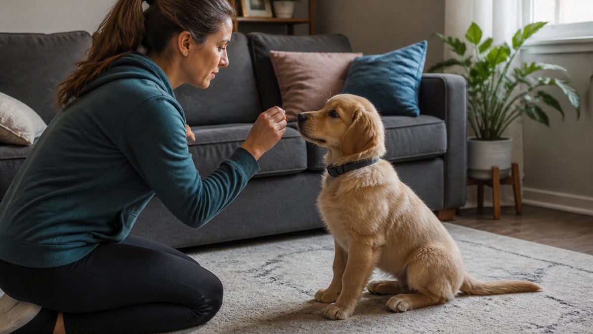 A professional dog trainer kneeling on a living room floor guiding a young golden retriever puppy through a sit command with a treat, soft afternoon light through a window