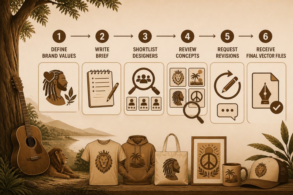 Flowchart showing the 6-step commissioning process: define brand values, write brief, shortlist designers, review concepts, request revisions, receive final vector files