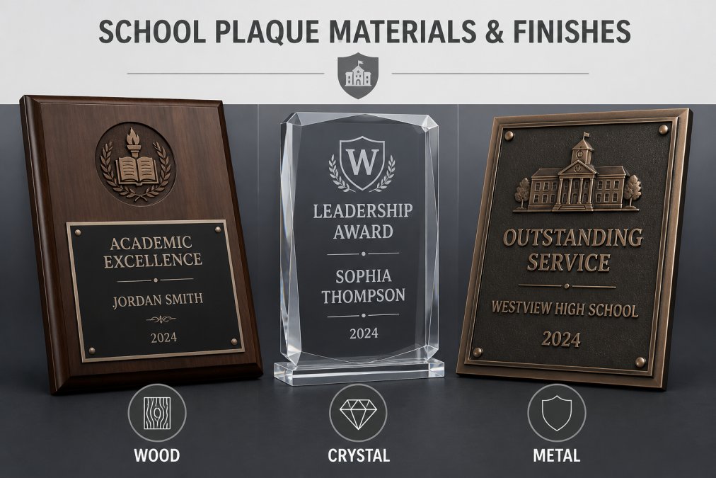 Close-up of three different types of custom school plaques arranged on a dark surface: a polished walnut wood plaque with engraved nameplate, a crystal award with deep-etched text, and a bronze metal plaque with detailed engraving, showing varying textures and finishes
