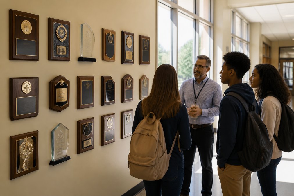 School hallway with a professional dedication wall displaying approximately 15 custom recognition plaques and awards in varying materials (wood, metal, and crystal), with students and staff members standing nearby viewing and discussing the display, natural light from windows illuminating the wall