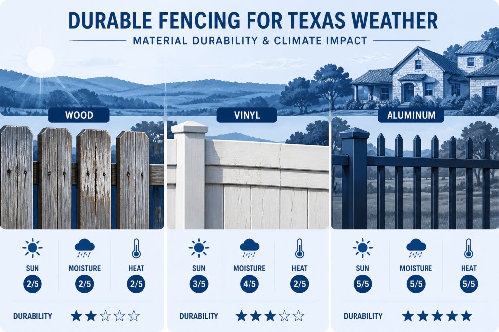 Diagram comparing material wear for custom residential fence installation cost in Texas climates