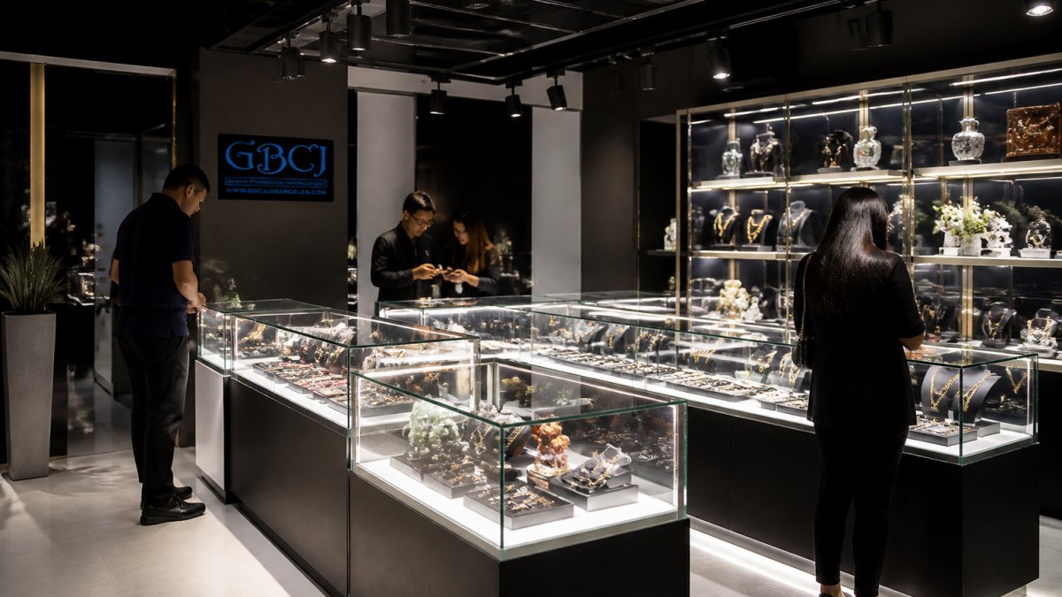 Modern retail display with illuminated acrylic cases showcasing luxury jewelry and collectibles, professional track lighting overhead, customers browsing and examining merchandise in a contemporary boutique setting