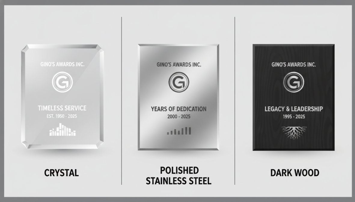 Close-up display of three retirement plaques in crystal, polished stainless steel, and dark wood side by side, showing engraved text and corporate logos under professional studio lighting