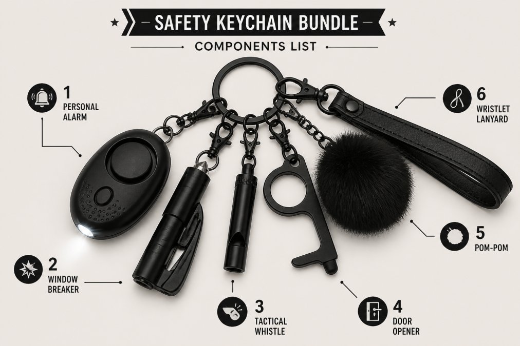 Close-up of a fully assembled safety keychain bundle laid out flat, showing personal alarm with LED light, emergency window breaker, stainless steel tactical whistle, no-touch door opener, soft pom-pom accessory, and stylish wristlet lanyard arranged neatly on neutral background