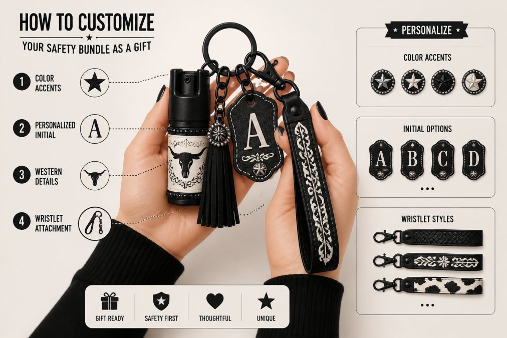 Woman's hands holding and examining a customized safety keychain bundle with Western-inspired design elements, showing personalized color details and wristlet lanyard attachment against soft natural lighting