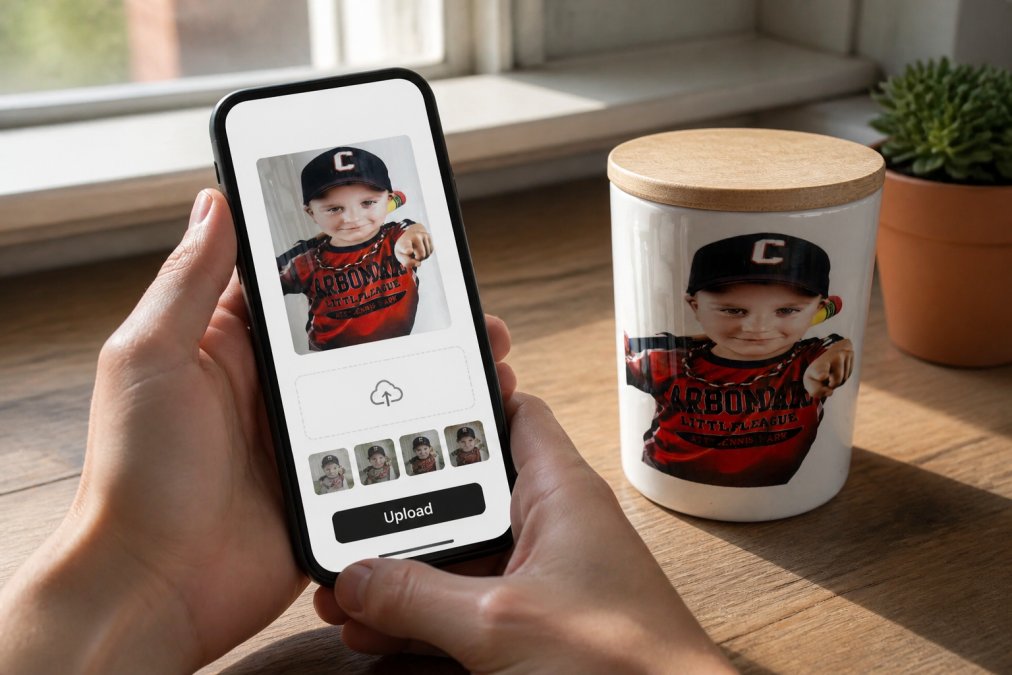 Person's hands holding a smartphone displaying a photo upload interface, with a completed custom scented candle with personalized photo label sitting on a wooden table next to the phone, natural window lighting illuminating both items
