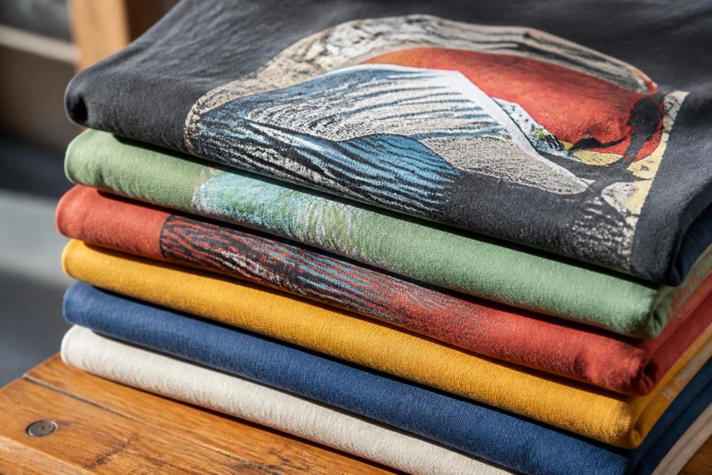 Close-up of neatly folded graphic tees in multiple colors stacked on a wooden surface, showing fabric texture and print quality on the top shirt under warm natural light