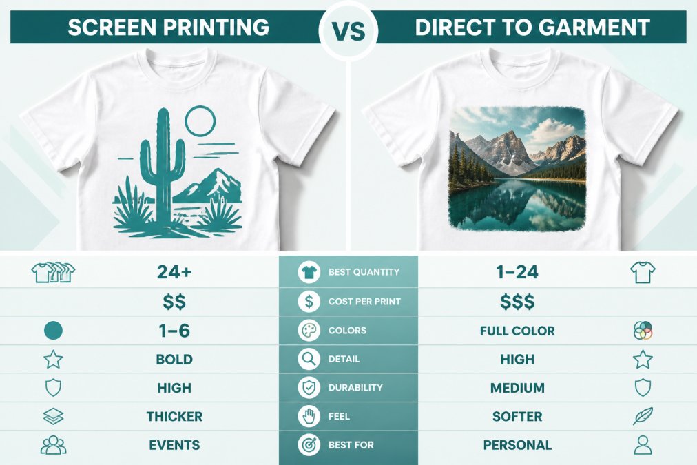 Side-by-side view of two printed t-shirts on a flat lay surface, one showing a bold single-color screen printed graphic and the other a full-color photographic DTG print, both under bright natural light on a white background