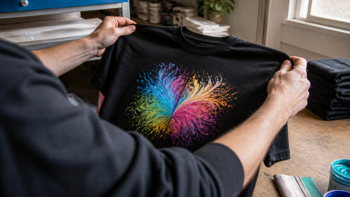 Close-up of hands holding a custom screen-printed t-shirt displaying vibrant color detail and print quality on the front chest area, with natural window lighting highlighting the fabric texture