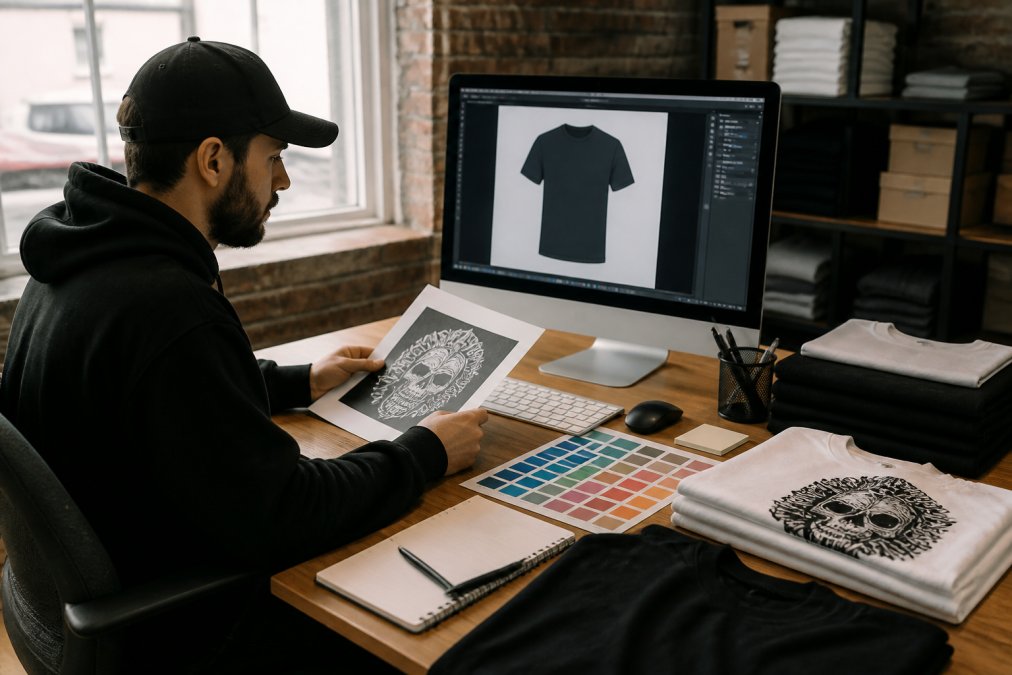 Designer working at computer workstation with design software open, reviewing custom apparel artwork with color swatches and printed samples nearby on desk