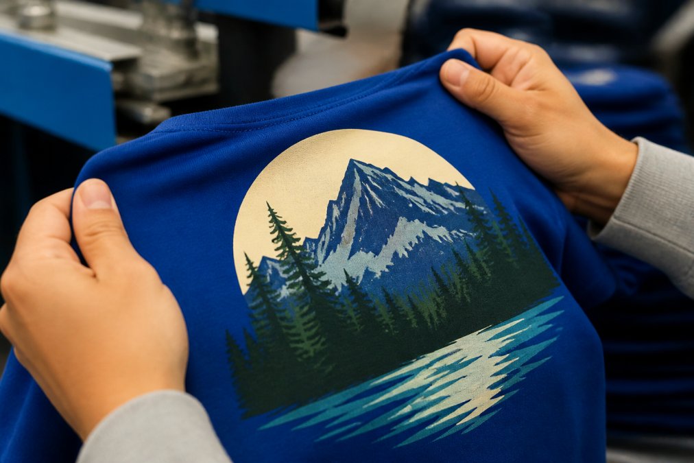 Close-up of vibrant screen-printed t-shirt showing crisp color detail and smooth finish, with hands holding garment to demonstrate durability and quality