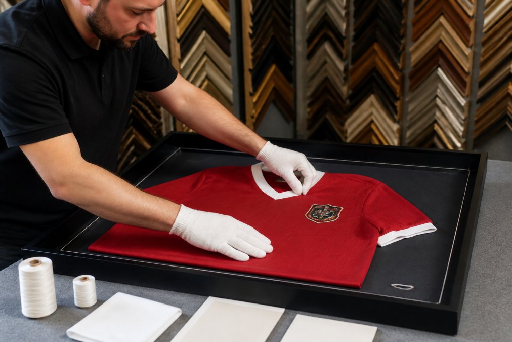 Professional demonstrating custom shadow box framing for jerseys technique, carefully positioning a sports jersey inside a shadow box frame with archival materials visible, hands showing proper mounting method with linen thread and acid-free components
