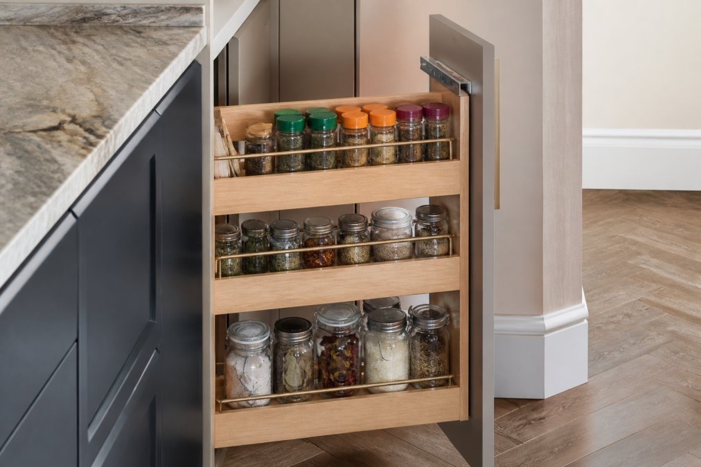 A close-up photograph of a beautifully organised kitchen corner featuring a custom pull-out shelf system with spice racks and jars, showing how bespoke design eliminates dead space in a modern London home