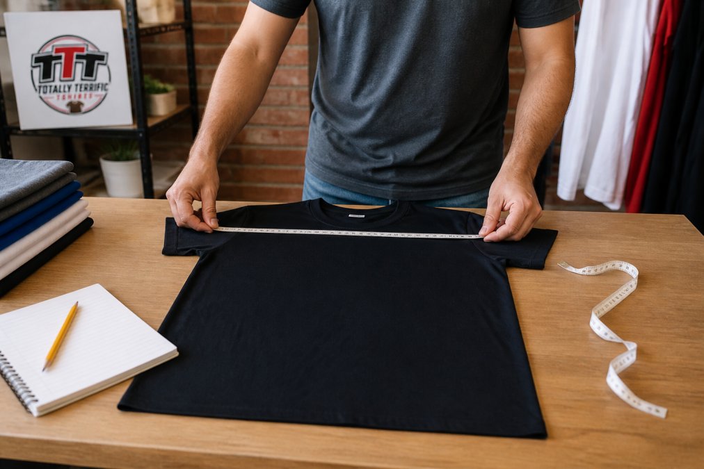 A person's hands using a soft measuring tape to measure a t-shirt laid flat on a clean wooden table, with a notepad and pencil nearby for recording measurements