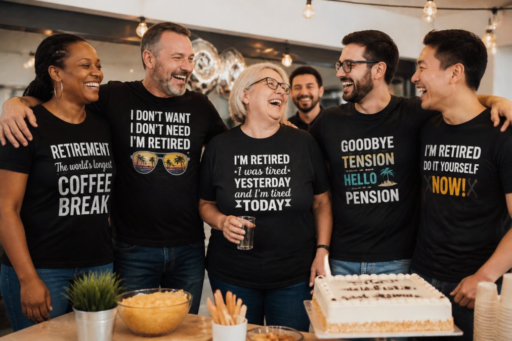 A diverse group of coworkers wearing custom retirement party shirts with humorous slogans and personalized graphics, laughing and posing together at an office celebration with warm indoor lighting