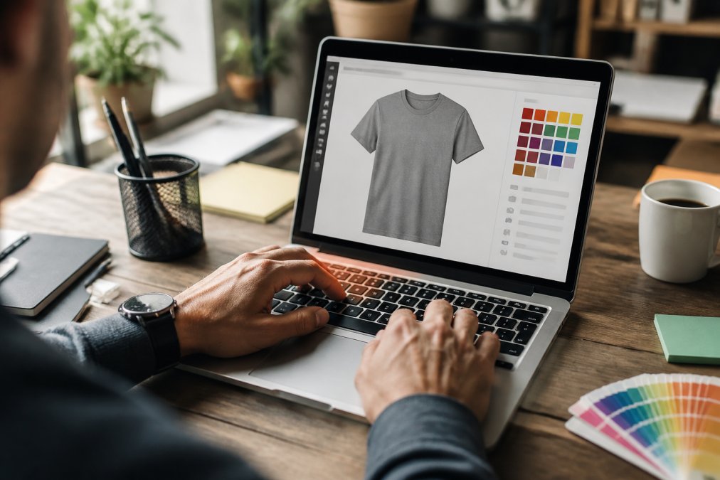 Close-up of hands on a laptop using a design customization tool to create a retirement party shirt, with color swatches, font options, and design preview visible on screen in natural office lighting