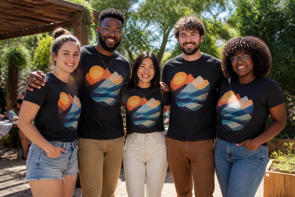 Small diverse team wearing matching custom printed t-shirts at a casual outdoor gathering, showing fit across different body types, with clear view of print quality and color vibrancy in natural sunlight