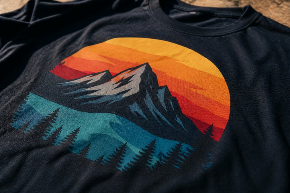 Close-up of a custom printed t-shirt showing print detail, texture, and color vibrancy with sharp design edges, photographed in bright natural light to highlight print quality